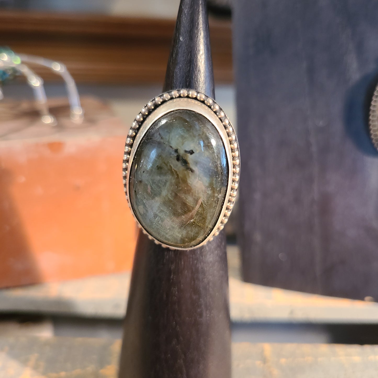 Labradorite with Beaded Silver Rope Ring